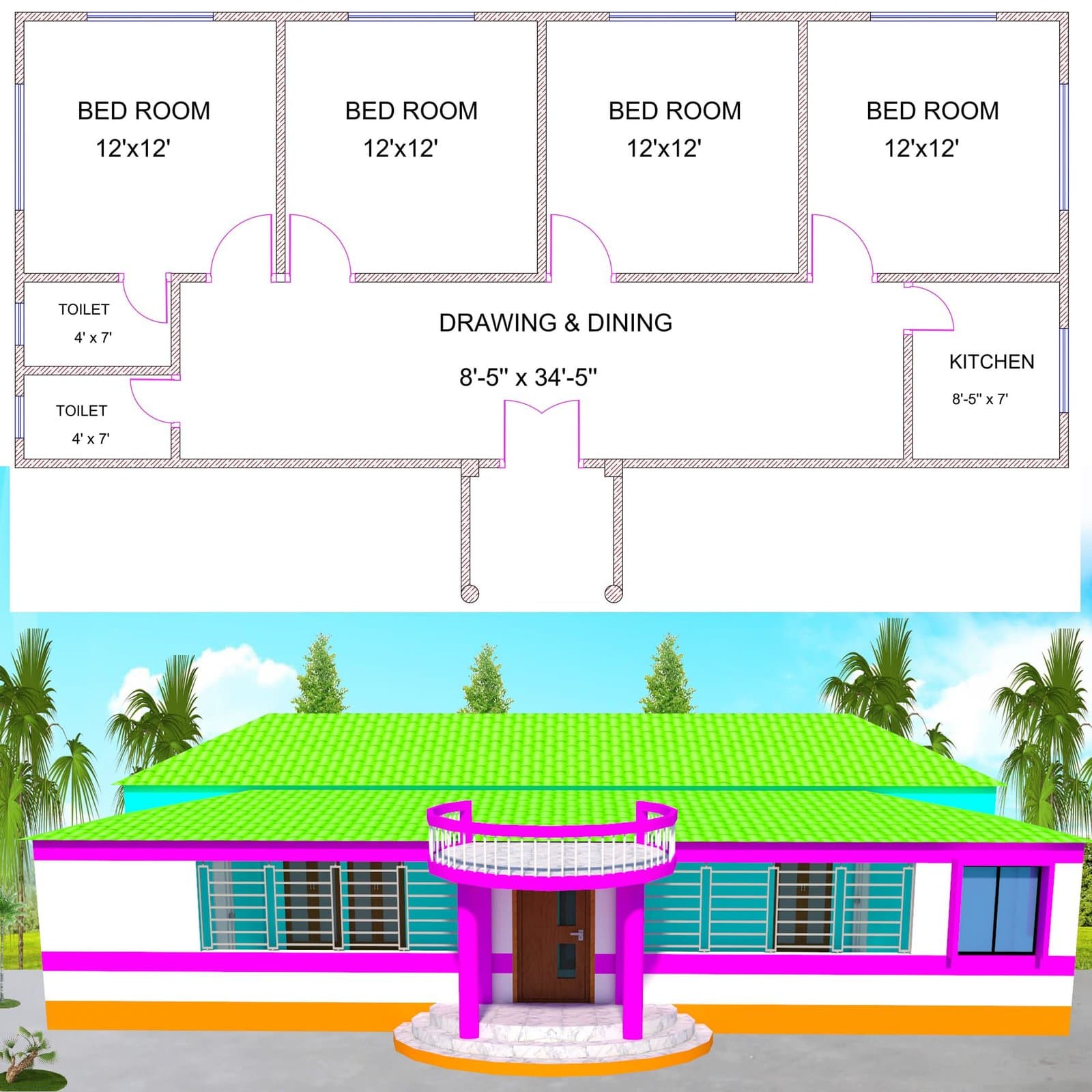 4 bedroom simple house plans - টিনের ঘরের ডিজাইন চার রুম