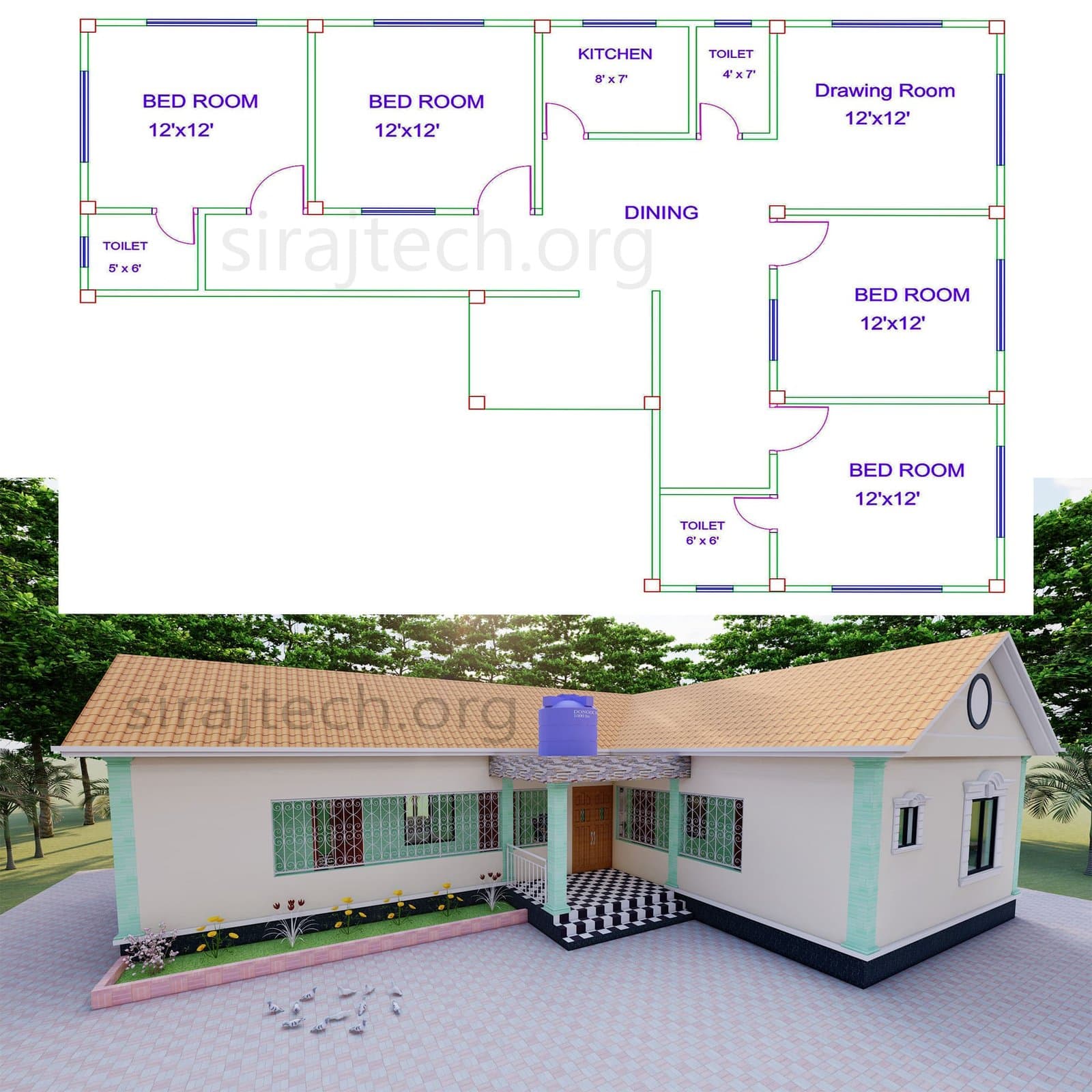 L system house design - চার রুমের বাড়ির ডিজাইন