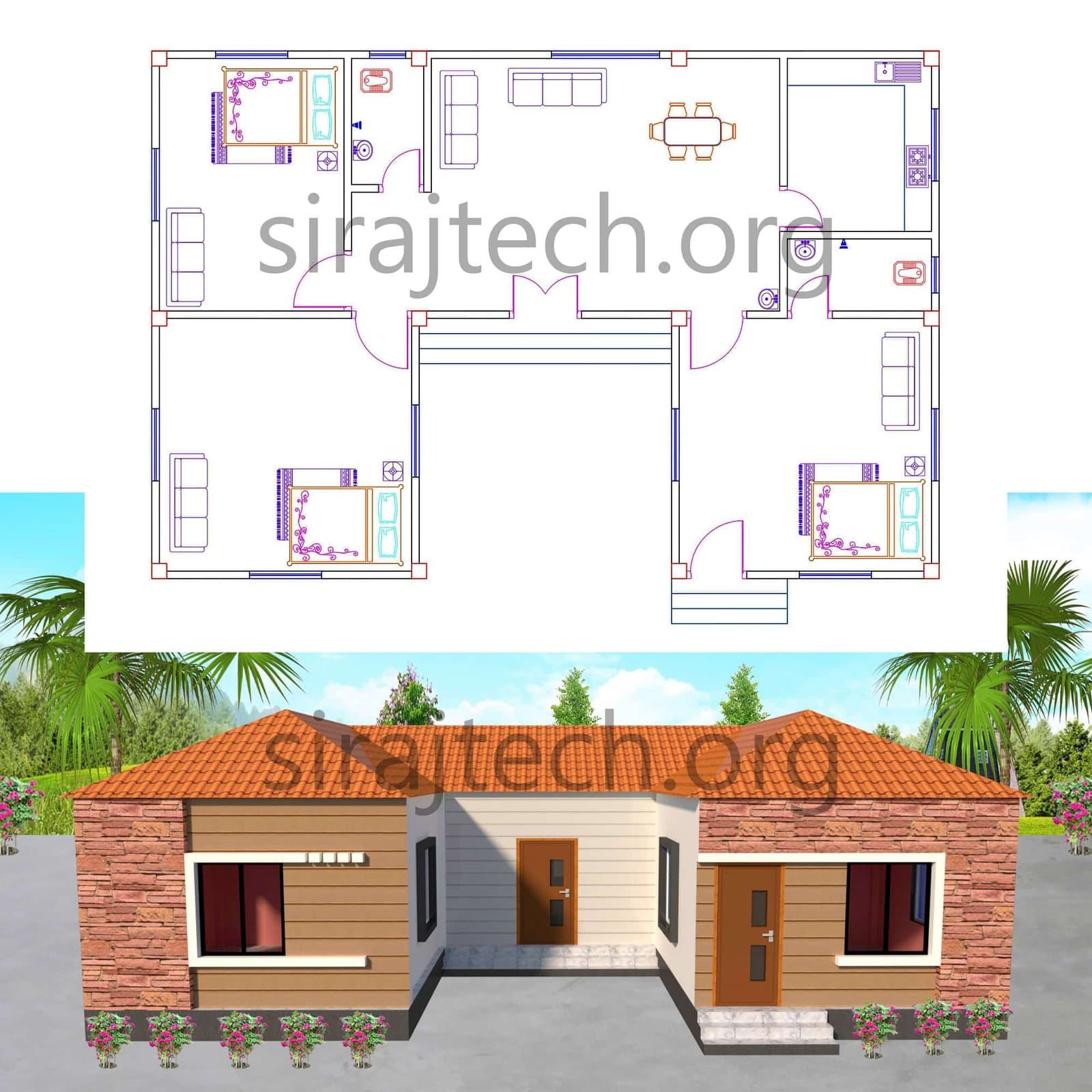 U shaped house design - ৩ বেডরুমের বাড়ির ডিজাইন