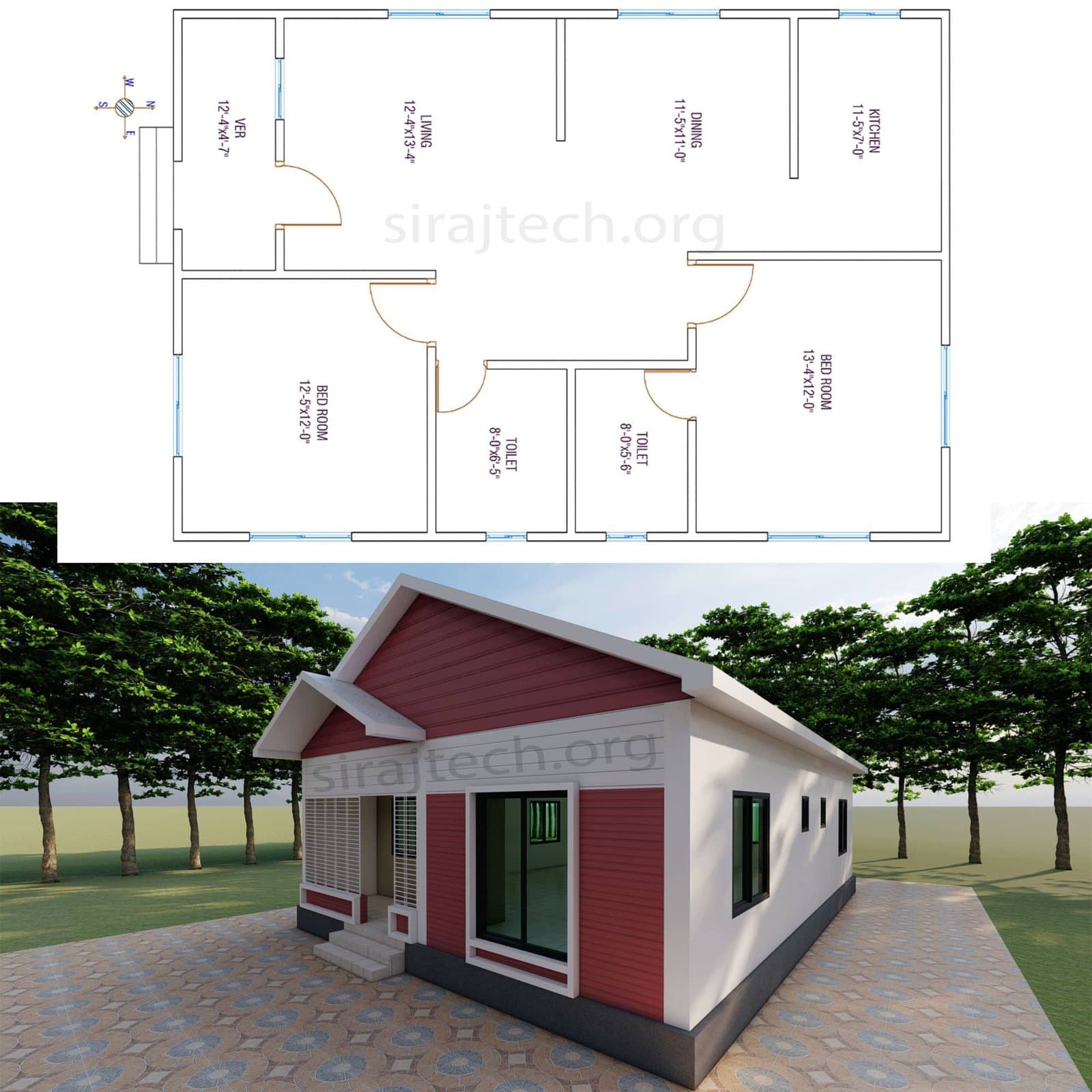 2 bhk house plan in village - কম খরচে একতলা বাড়ির ডিজাইন 2