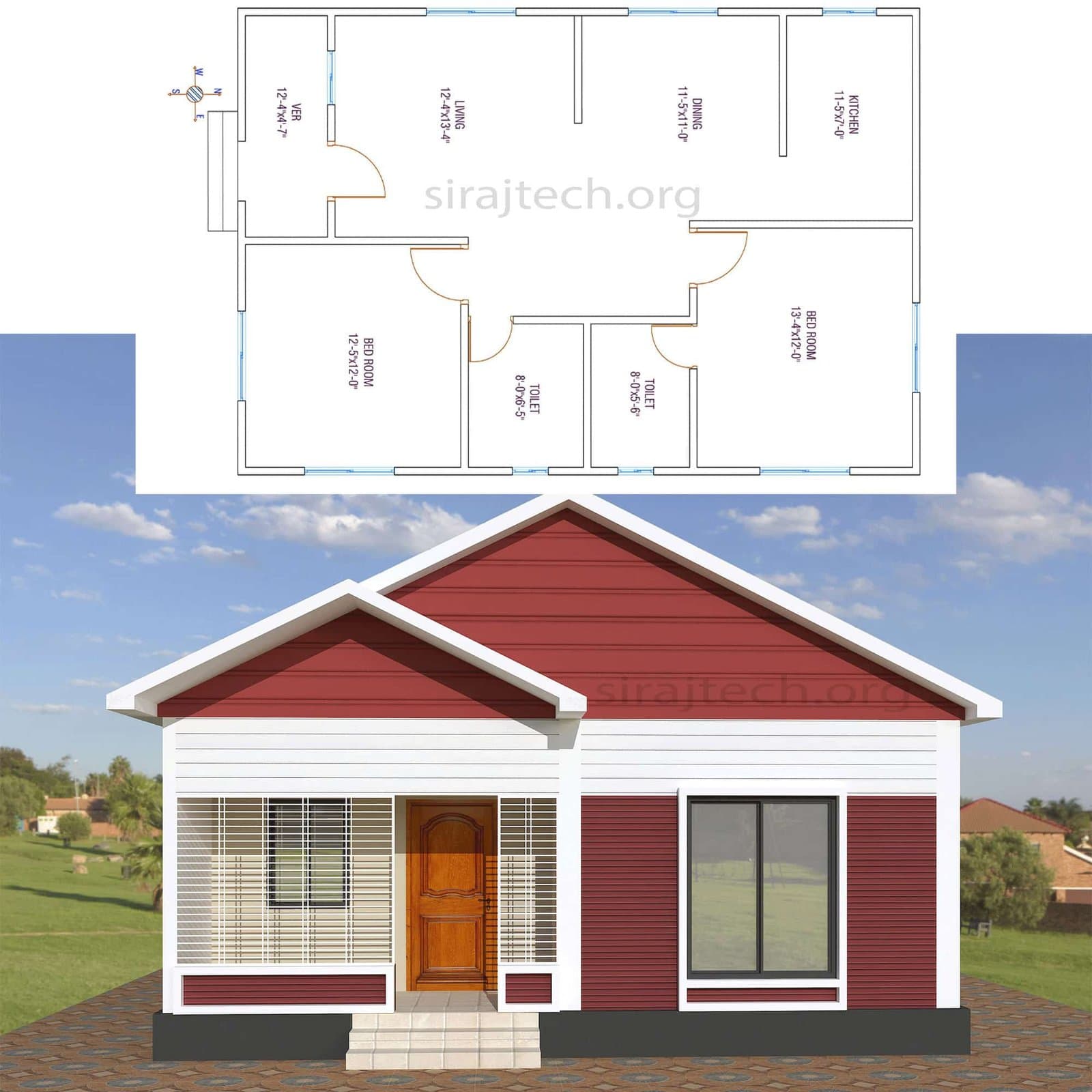 2 bhk house plan in village - কম খরচে একতলা বাড়ির ডিজাইন