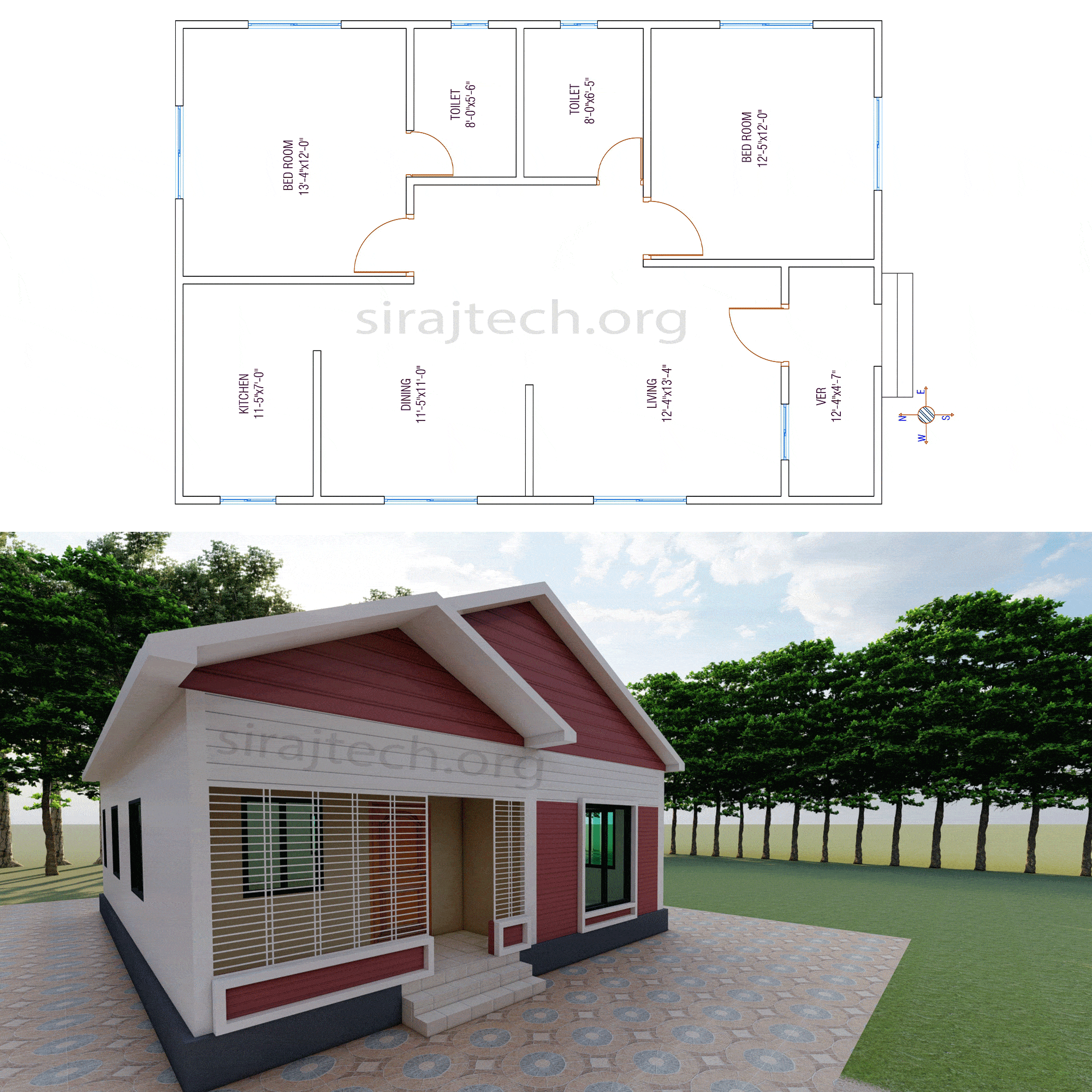 2 bhk house plan in village - কম খরচে একতলা বাড়ির ডিজাইন 4
