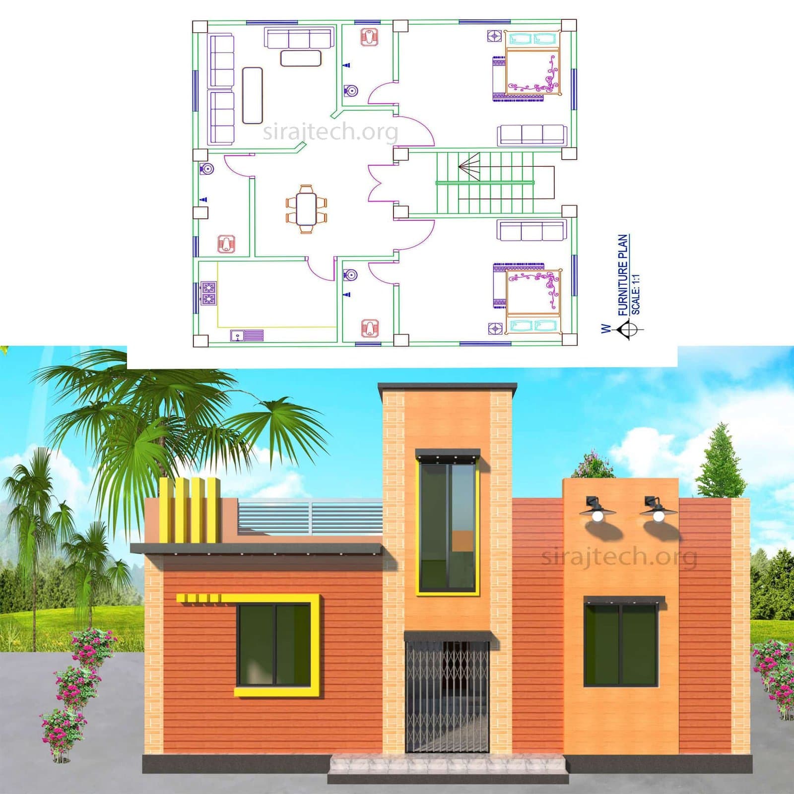 3d house plans 2 bedroom - ছোট ২ বেডরুমের একতলা বাড়ির ডিজাইন 2