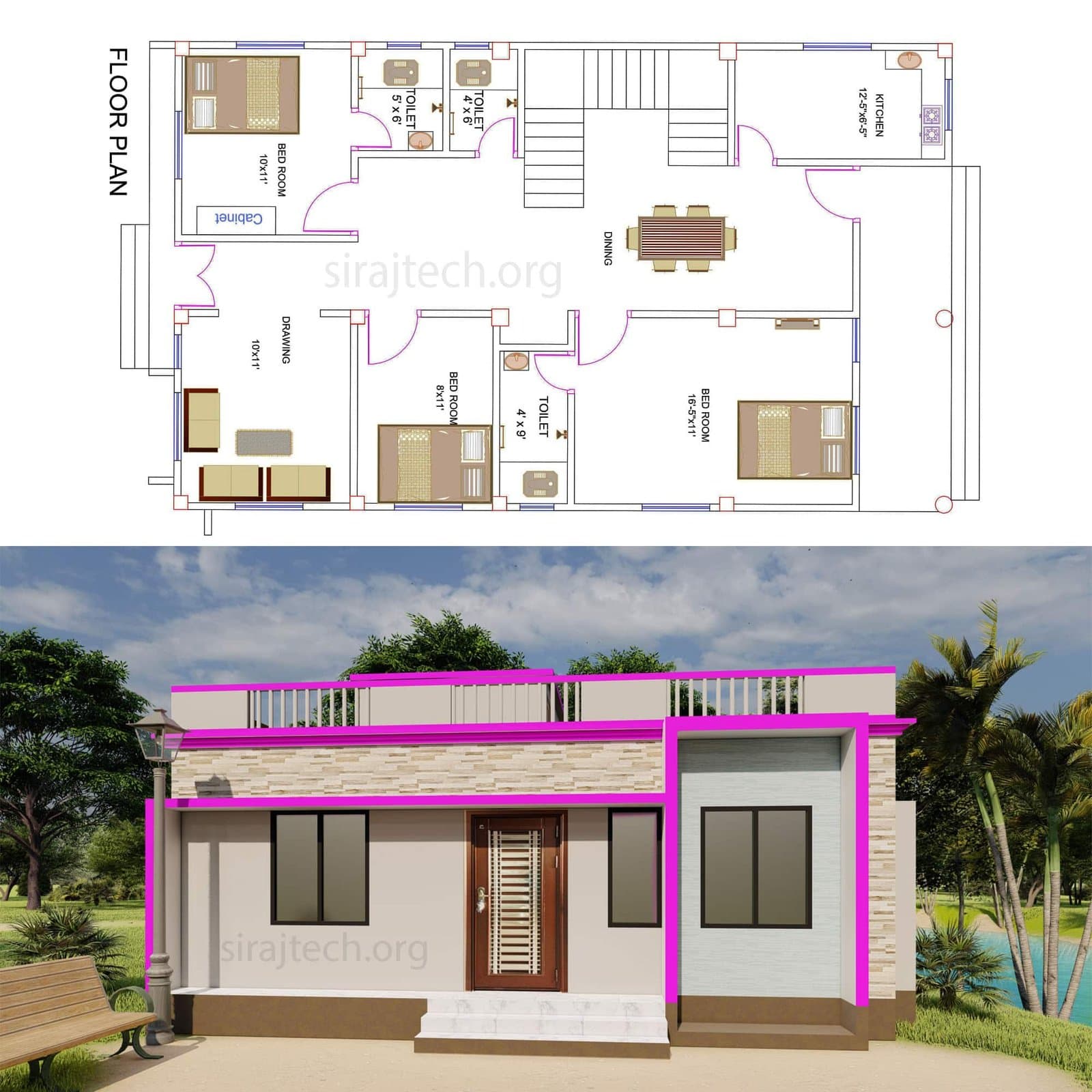 3bhk house plan - তিন রুমের সুন্দর বাড়ির ডিজাইন