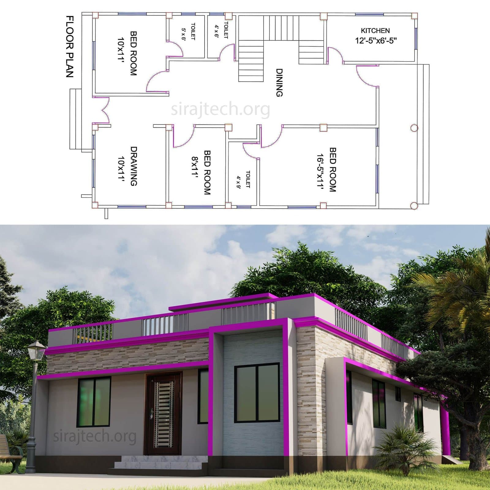 3bhk house plan - তিন রুমের সুন্দর বাড়ির ডিজাইন 2