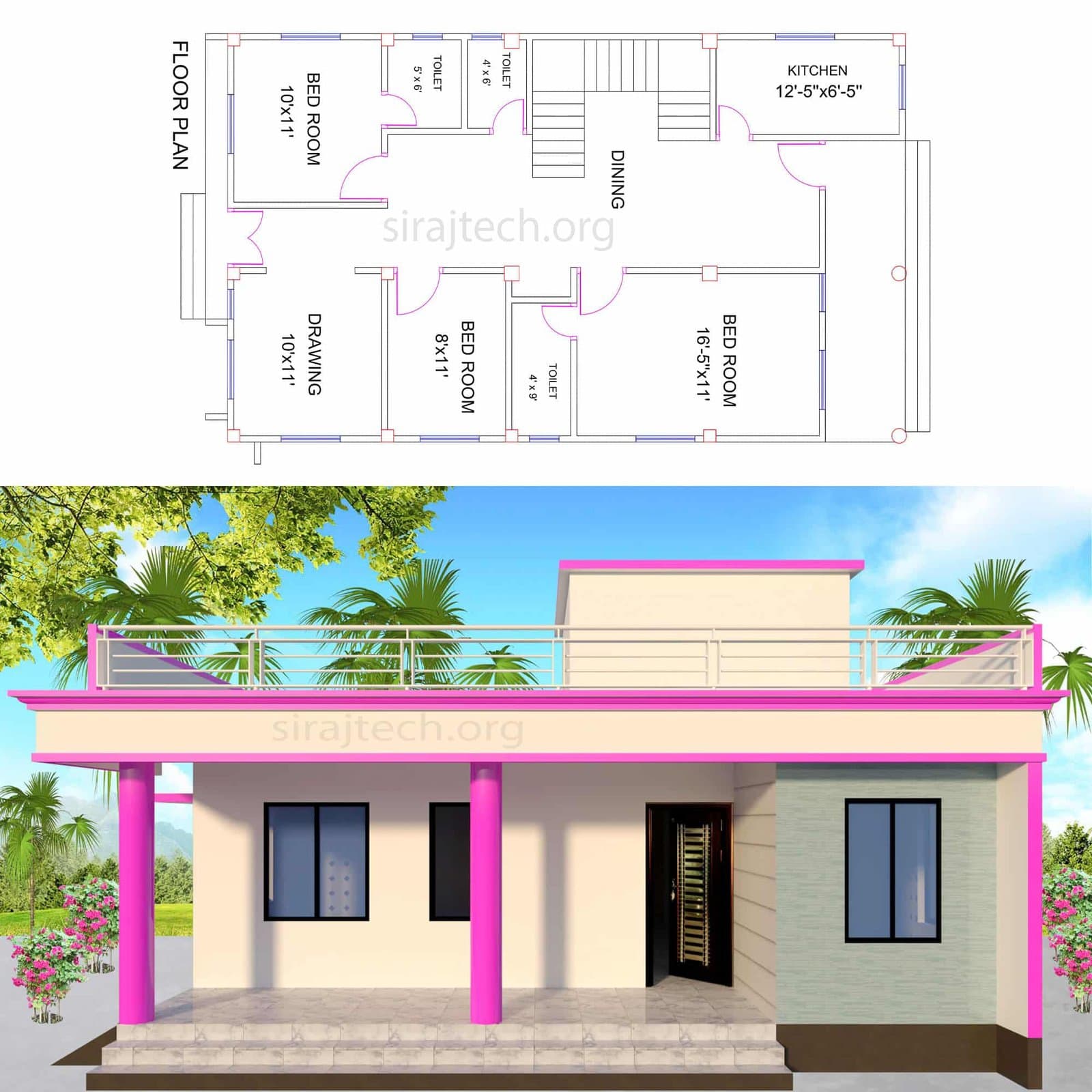 3bhk house plan - তিন রুমের সুন্দর বাড়ির ডিজাইন 3