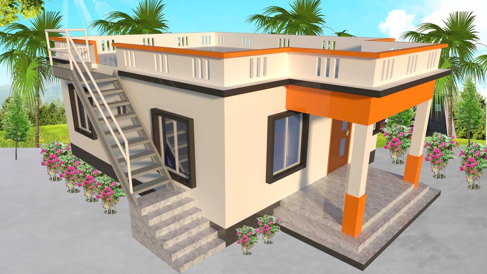 Low cost 1 story 3d house design & floor plan