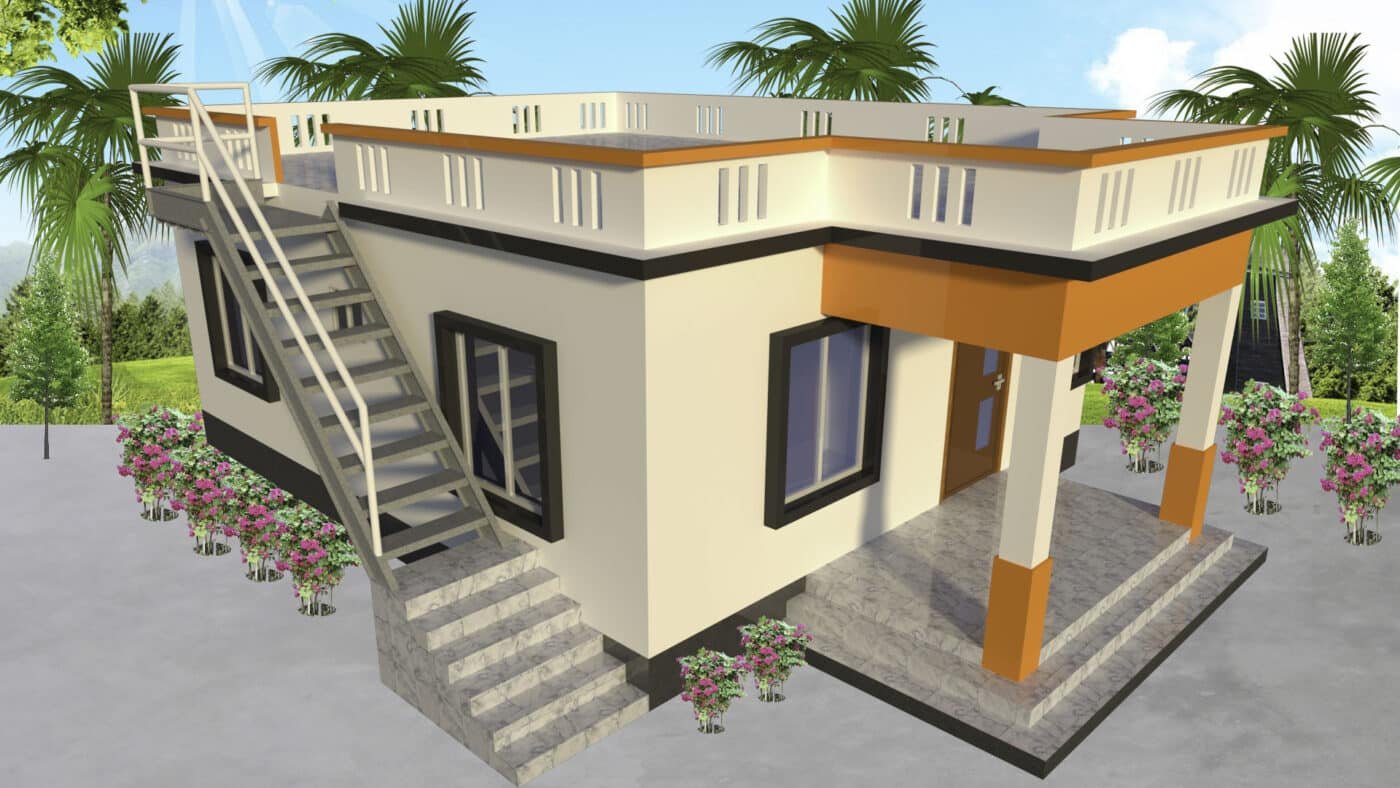 Low cost 1 story 3d house design & floor plan